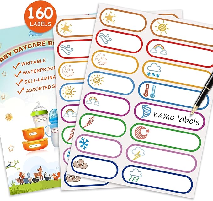 160 PCS Baby Bottle Labels for Daycare, Waterproof Write-On Kids Name Labels, Self-Laminating Self-Adhesive Bottle Strickers for Daycare School, Assorted Sizes & Colors