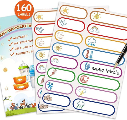 160 PCS Baby Bottle Labels for Daycare, Waterproof Write-On Kids Name Labels, Self-Laminating Self-Adhesive Bottle Strickers for Daycare School, Assorted Sizes & Colors