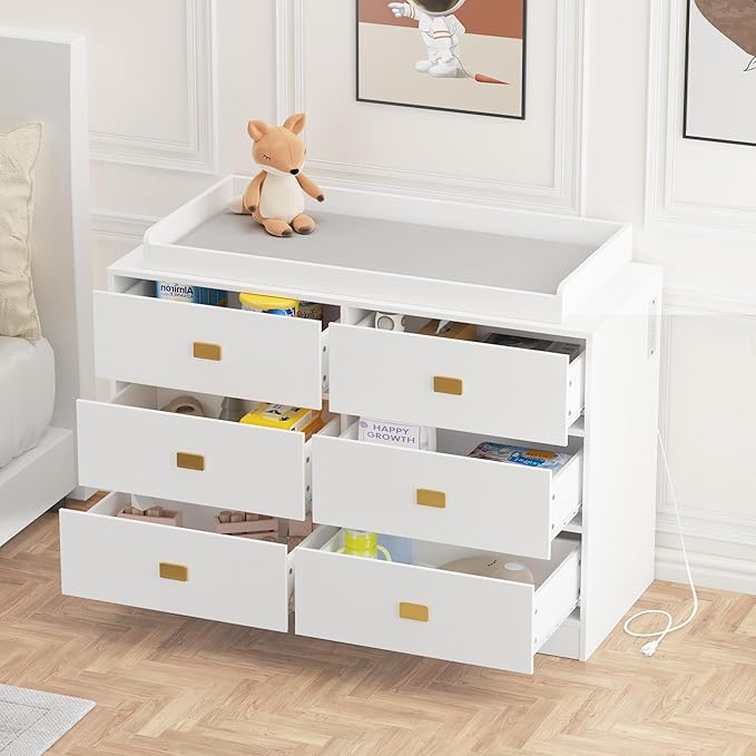GarveeHome Dresser for Bedroom with 6 Drawers, Changing Table Dresser with Power Outlets, Soft Changing Pad & Removable Top, Baby Dresser with Changing Table Top for Nursery, White