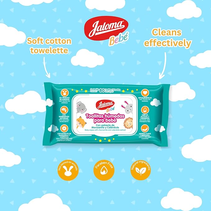 JALOMA Baby Wipes with Chamomile and Calendula Extract, Hypoallergenic and Paraben Free, 6-Pack of 80 Wet Wipes (480 Count)