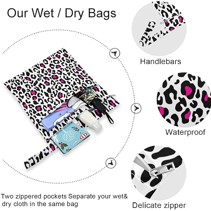 visesunny Pink Leopard Cheetah Spots Animal Print 2Pcs Diaper Changing Totes Wet Bags with Zippered Pockets Washable Reusable Roomy Cloth Diaper for Travel,Beach,Daycare,Stroller,Dirty Gym Clothes,Wet
