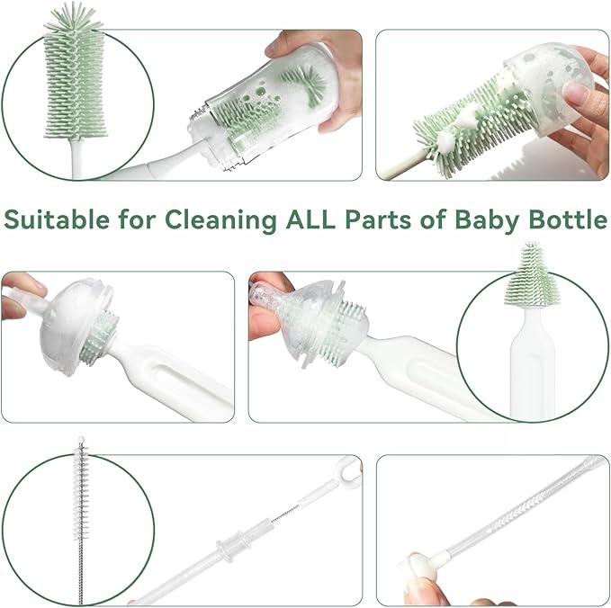 Baby Bottle Brush Set, Innovative Efficient Press-to-Spin Brush Cleaner - Includes Silicone Bottle Brush, Nipple Brush, Straw Cleaner - Spinning Generates Rich Foam for Deep Cleaning, Green