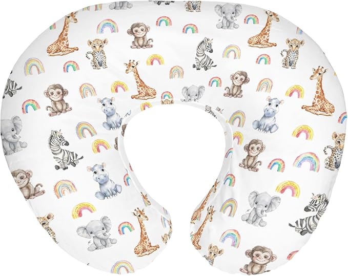 Safari Jungle Animals Rainbow Baby Nursing Pillow Covers for Boy Girl Elephant Leopard Giraffe Hippo Nursery Pillowcase for Breastfeeding Pillows Tropical Safari Soft Stretchy Slipcovers for Newborn