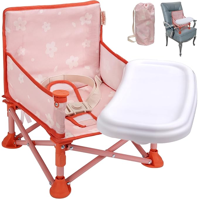 Tiny Marvels 3-in-1 Portable Baby Chair, Foldable Booster Seat with Removable Tray, Safety Harness & Carry Bag for Dining, Travel, Camping, Beach, 6M-3Y (Blush Petals)