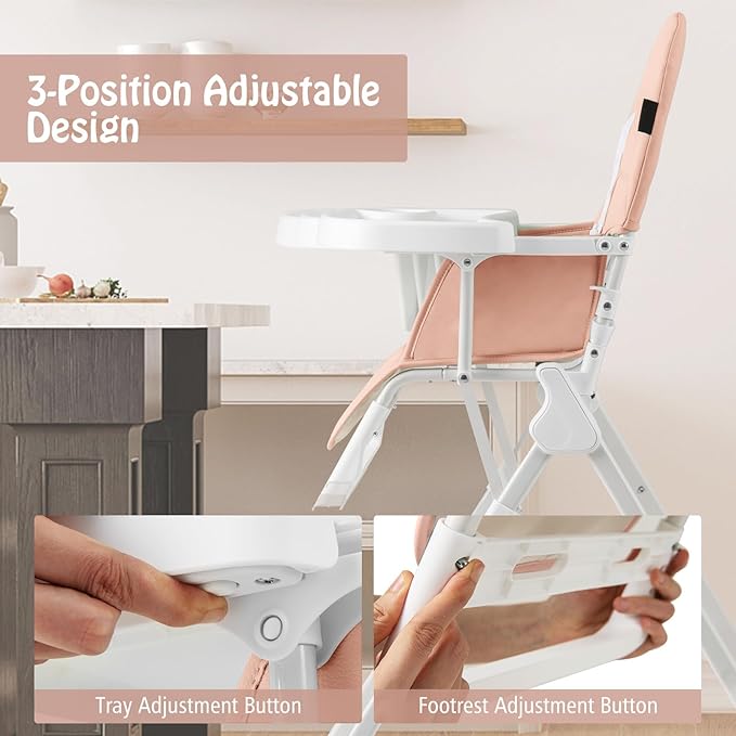 BABY JOY Foldable High Chair, Portable Highchairs for Babies and Toddlers with 3-Position Adjustable Tray & Footrest, Removable Seat Cushion, 5-Point Safety Harness, Space Saving Design (Pink)