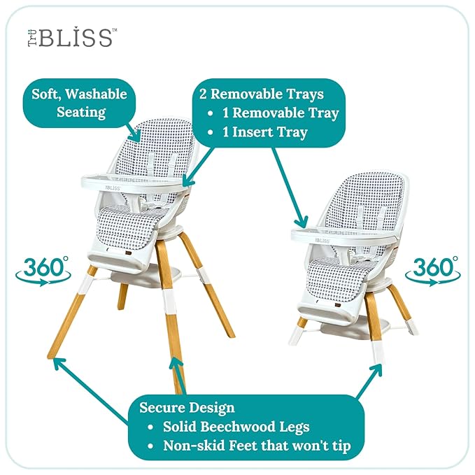 TruBliss Turn-A-Tot High Chair for Babies and Toddlers, 2 in 1 Wooden Portable Baby Feeder or Adjustable Child's Seat with 360 Degree Swivel, Removable Tray, and Pad (Gingham)