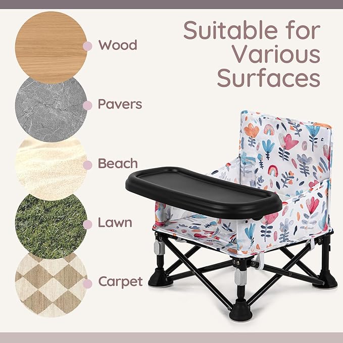 Toddler Booster Seat for Dining Table & Kitchen Chair - Portable Foldable with Removable Tray, Baby Camping Chair 6-36 Months Indoor Outdoor (Green Stripe)