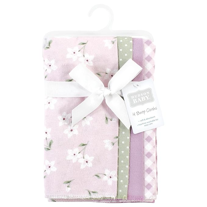 Hudson Baby Unisex Baby Cotton Flannel Burp Cloths, Purple Dainty Floral 4 Pack, One Size