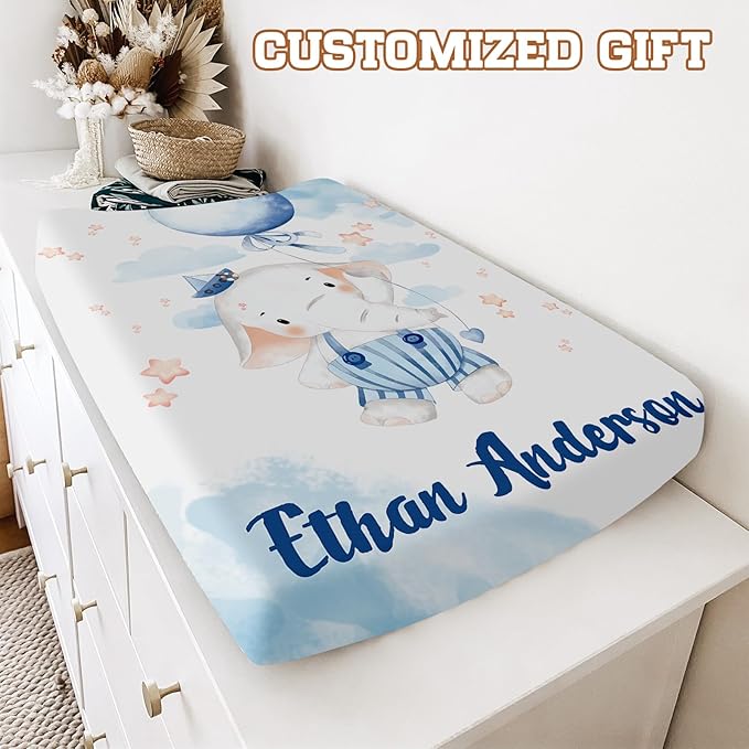 Personalized Baby Changing Pad Cover - 2 Piece Blue Elephant Baby Pee Pad Nursery Bedding with Name, Portable Diaper Changing Pad, Gifts for Infant