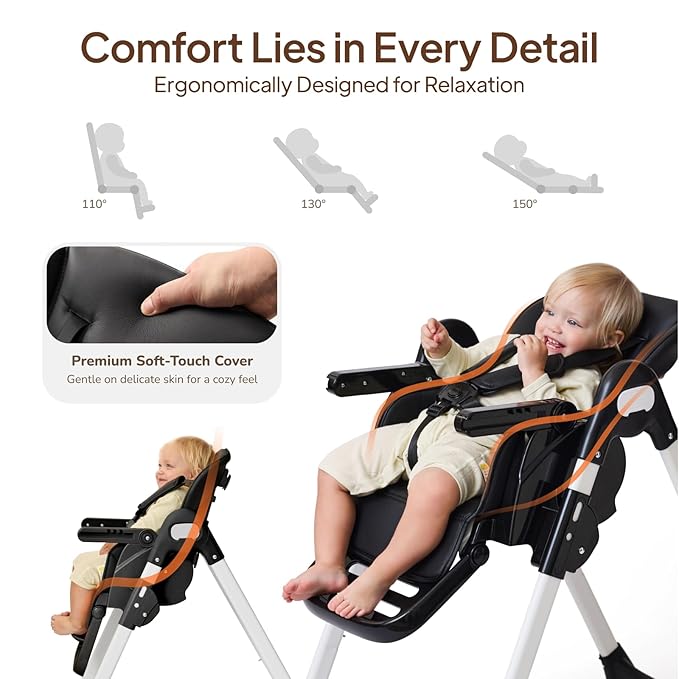 Tinyiota 4 in 1 High Chair for Babies and Toddlers with Wheels, 8-Height Adjustable & 3-Position Recline, Easy Clean, Dishwasher Removable Tray, Foldable HighChair for Infant, Meets ASTM Safety, Black