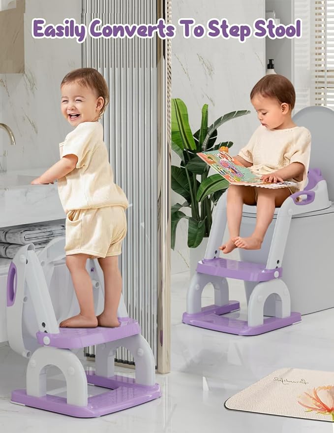 Potty Training Seat with Step Stool, Toddler Potty Training Toilet Seat with Non-Slip Step Splash Guard Safety Handles and Waterproof Cushion, 2 In 1 Toddler Potty Seat