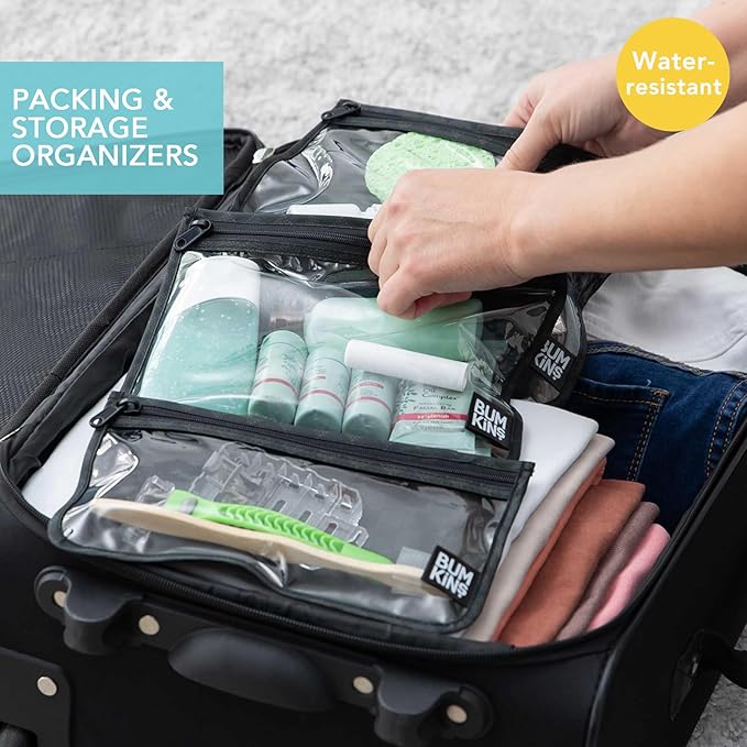Bumkins and Roamio Waterproof Wet Bag, Wet/Dry Clutch & Clear Travel Bags - For Beach, Baby, Travel, Cloth Diapers, Pump Parts, Pool, Gym, Toiletries - Reusable & Easy to Clean - Black Check - 5 Pack