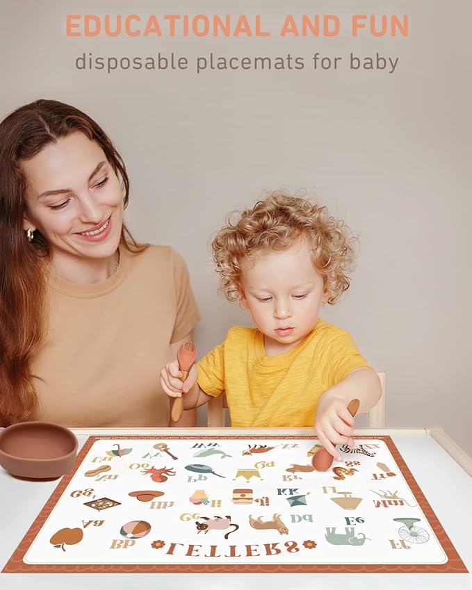 Babebay Disposable Placemats for Baby, 40 Pack Sticky Toddler Placemat for Restaurants, Dining Table, Party, Travel, 12" x 18" with 4 Designs