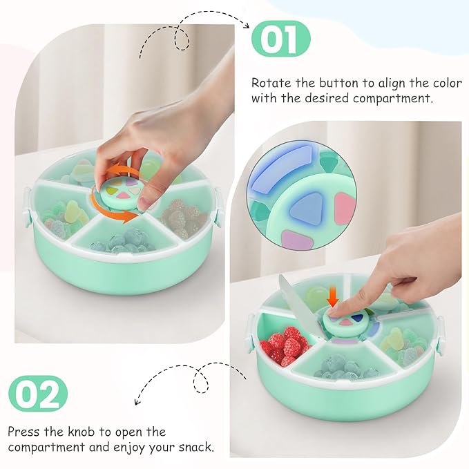 JOOPETALK Kids' Rotating Snack Container Set – 2-Pack, Includes 1 Rotating Snack Container & 1 Round Sectioned Snack Box, BPA-Free, Dishwasher Safe, Perfect for Travel-Green