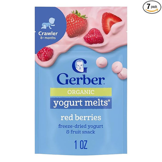 Gerber Stage 3 Baby Food Snacks, Red Berries Organic Yogurt Melts, Freeze Dried Yogurt and Fruit Snacks for Babies, Baby Led Feeding, 7-Pack