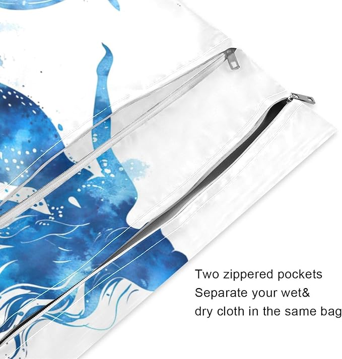 Watercolor Blue Mermaid Wet Dry Bag for Baby Cloth Diaper Waterproof Reusable Travel Wet Bag with Two Zippered Pockets for Swimsuits, 2 Pcs