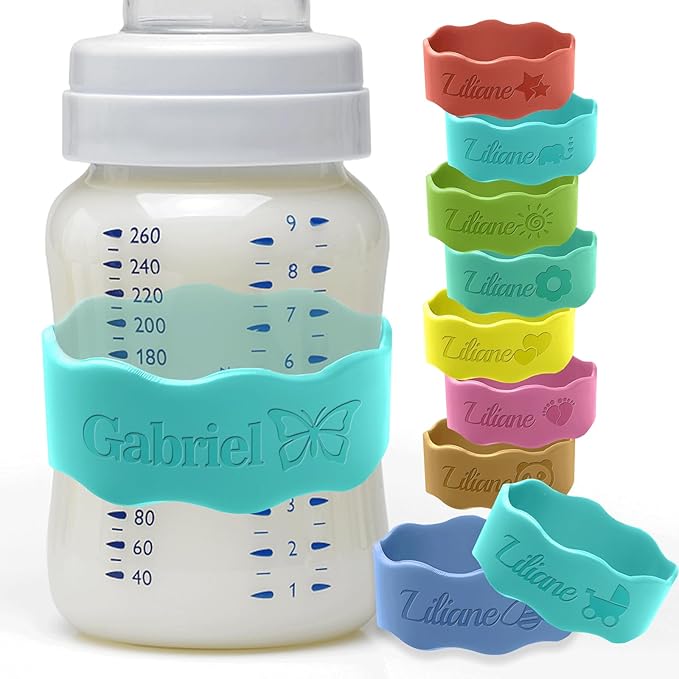 Personalized Baby Bottle Labels for Daycare Custom Silicone Water Bottle Bands Engraved Customized Reusable Name Straps for Kids Girl Boy Baby Shower Gifts Light Blue