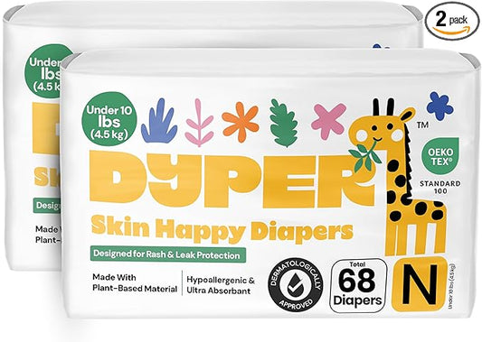 DYPER -Pack of 2 Newborn Baby Diapers Leak Proof Plant Based Hypoallergenic & Ultra Absorbent Disposable Diaper for Day & Overnight Skin-Friendly Comfort | Soft Newborn Diapers (Under 10lbs)