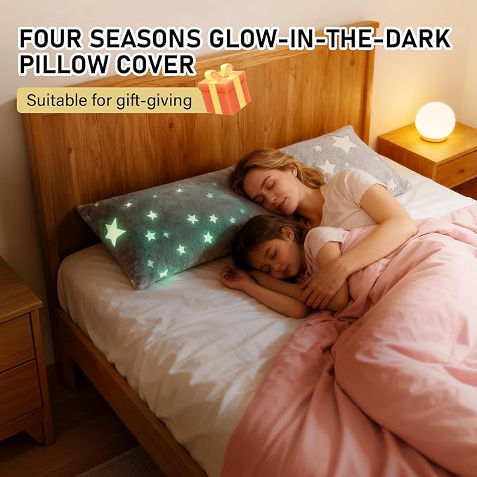 2PCS Glow in The Dark Body Pillow Cover 21x54 Inches Soft Plush Pillowcase Set with Star Pattern Grey Long Pillow Cover with Side Zipper