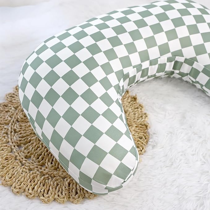 DILIMI Nursing Pillow Cover, Soft Stretchy Nursing Cover for New-Designed Breastfeeding Pillow, Removable Slipover for Baby Boy and Girls, Green Checkered Only Cover