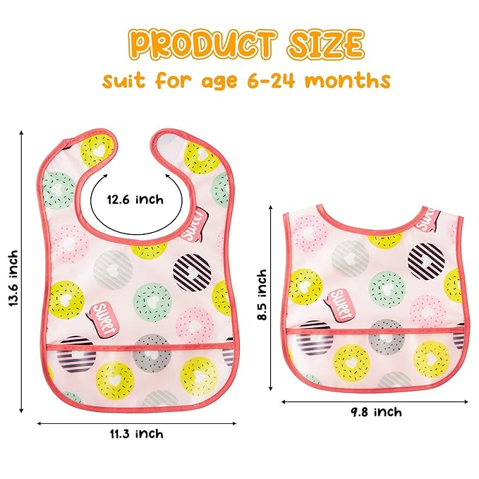 6Pcs Baby Feeding Bibs with Crumb Catcher Pocket Adjustable Waterproof Sleeveless Teething Bib Set Toddler Infant Keepsake Gift for Baby Shower, 6-24 Months