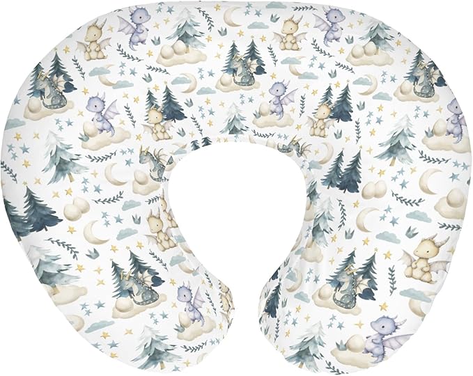 Fairytale Dragons Baby Nursing Pillow Cover for Boy Girl Cute Dragon Moon Stars Clouds Trees Eggs Nursery Pillowcase for Breastfeeding Pillows Fantasy Animal Soft Stretchy Slipcover for Newborn Infant