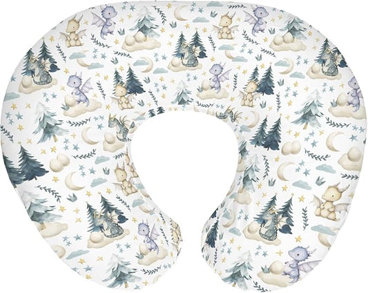 Fairytale Dragons Baby Nursing Pillow Cover for Boy Girl Cute Dragon Moon Stars Clouds Trees Eggs Nursery Pillowcase for Breastfeeding Pillows Fantasy Animal Soft Stretchy Slipcover for Newborn Infant