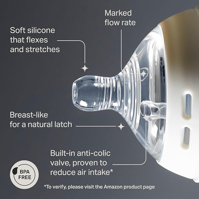 Tommee Tippee Natural Start Baby Bottle Nipples, Thicker Feed, 6m+, Pack of 4 Soft Silicone Breast-Like Bottle Nipples for a Natural Latch with Anti-Colic Valve