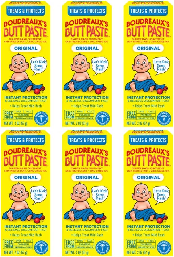Boudreaux’s Butt Paste Diaper Rash Ointment, Baby Rash Cream Skin Protectant, Fast Relief for Diaper Rash, Soothing Barrier Cream, Original, 2 Ounce Tube (Pack of 6)
