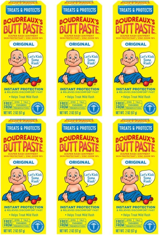 Boudreaux’s Butt Paste Diaper Rash Ointment, Baby Rash Cream Skin Protectant, Fast Relief for Diaper Rash, Soothing Barrier Cream, Original, 2 Ounce Tube (Pack of 6)