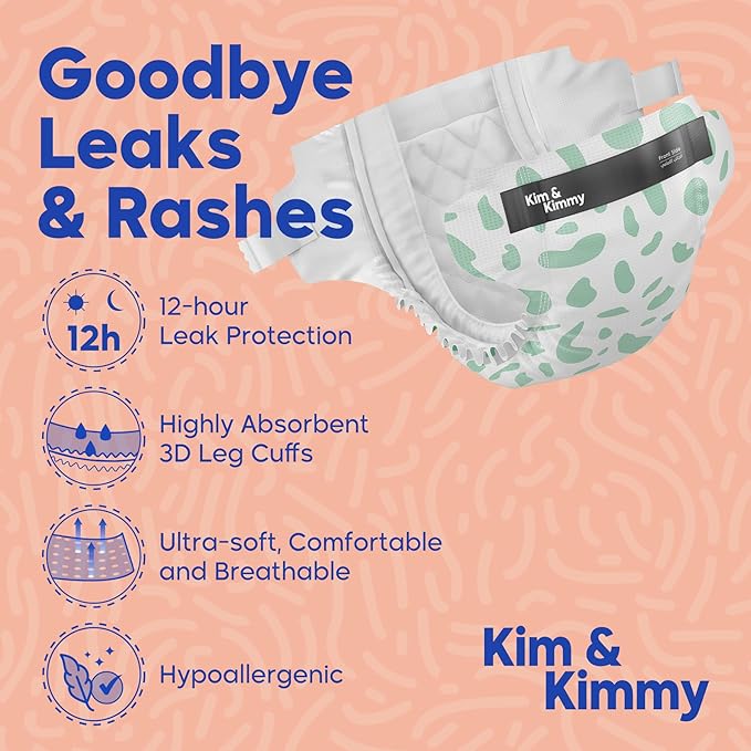 Kim & Kimmy Eco Diapers, Size 3, 13-24 lbs, 60 Diapers - 12 Hour Leak Protection, No Rashes, Hypoallergenic, Ultra-Soft & Highly Absorbent - Cruelty Free & Vegan - Green Dalmatian