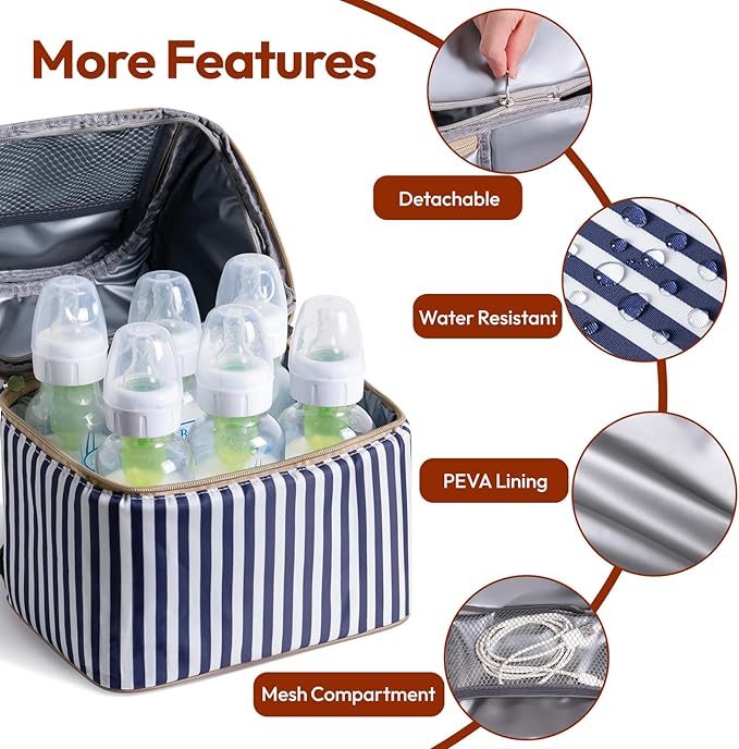 NCVI Breastmilk Cooler Bag with 2 Ice Pack, Breast Pump Bag with Cooler Fits 6 Bottles, Double Layer Breast Milk Baby Bottle Cooler Bag, for Travel, Nursing Mom Daycare, Work, Picnic (Stripe)