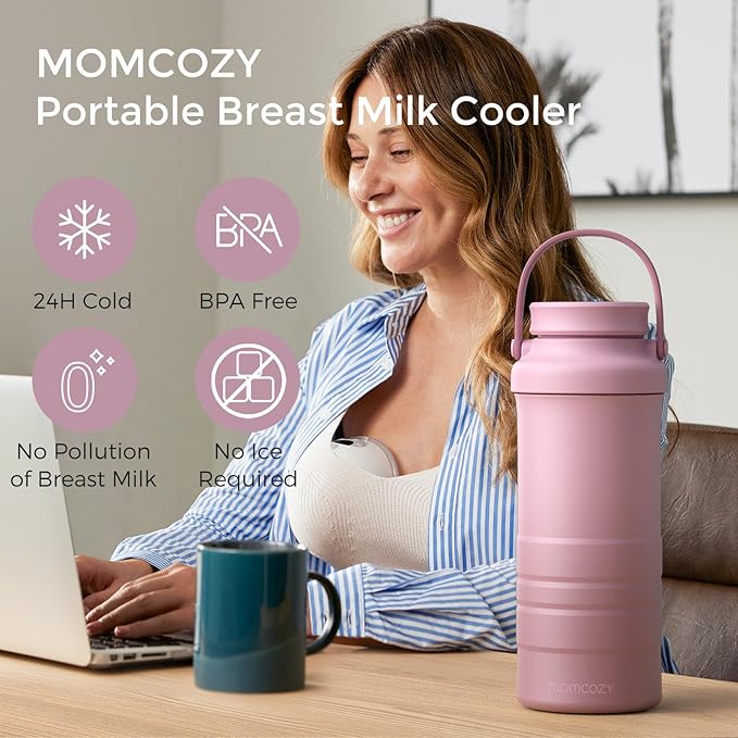 Momcozy 22oz Portable Breast Milk Cooler for Outdoor, Life Saver with 360° Total Cooling for 24 Hours, Larger Capacity Travel Breastmilk Chiller with 2pcs Baby Bottles for Breastmilk Storage