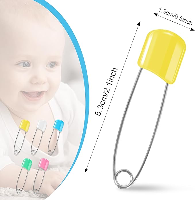 110 Pcs Stainless Steel Diaper Pins, 2.1 Inch Baby Diaper Pins for Cloth Diapers, Plastic Head Baby Safety Pins, Large Pins with Locking Closures, 5 Colors