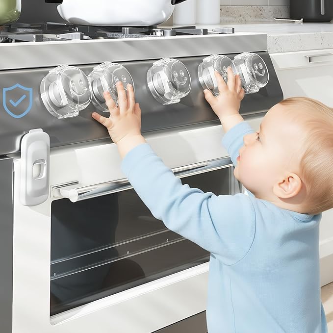 Stove Knob Safety Covers, (5+1Pack) Dual-Lucks Oven Knob Covers for Child Safety, Clear Vies, Universal Size (White)