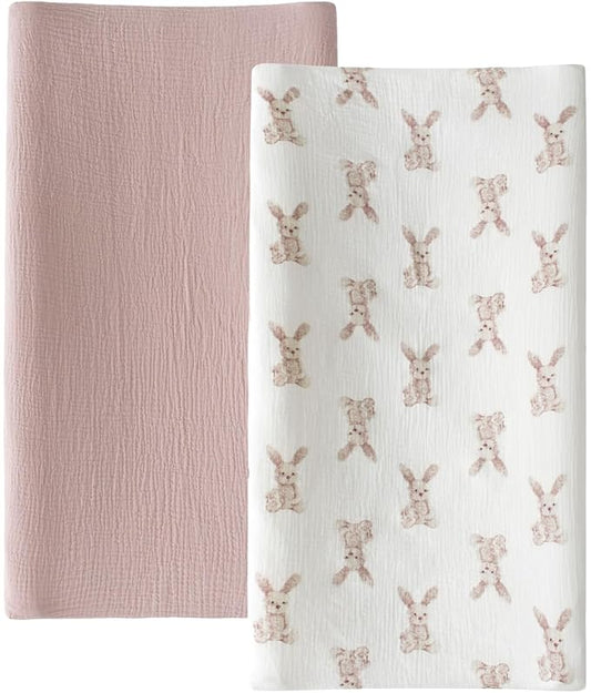 Little Jump Muslin Changing Pad Cover for Baby Girls Boys, 100% Cotton Soft Breathable Changing Table Covers, Baby Diaper Change Table Pad Cover, 2 Pack (Bunny)