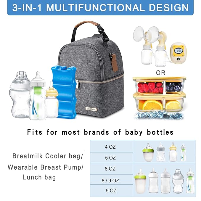 Breastmilk Cooler Bag with Ice Pack Fits 6 Baby Bottles up to 9 Ounce, Breast Milk Pump Cooler Bag with Shoulder Strap for Nursing Mom Daycare, Work, Travel- Dark Grey
