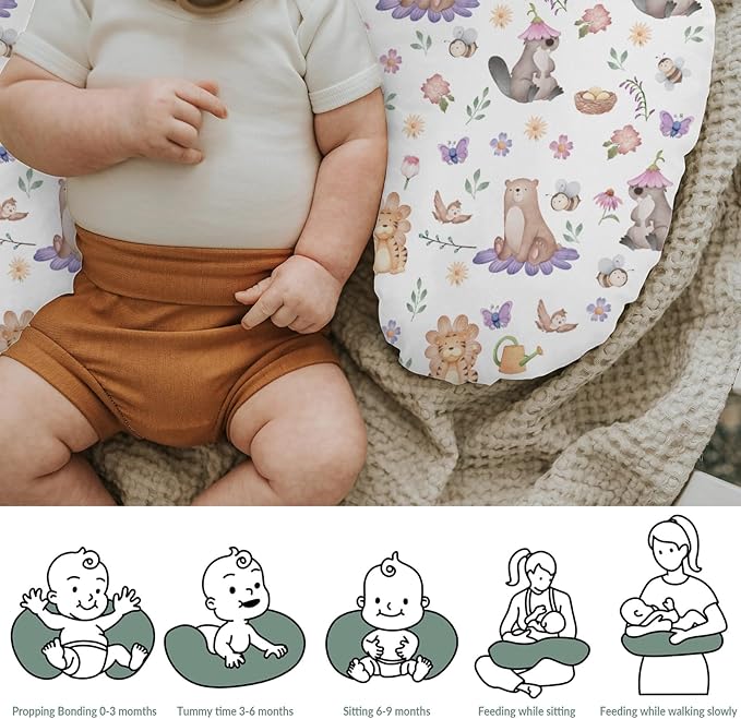 Spring Animals Baby Nursing Pillow Covers for Boy Girl Bear Tiger Bird Bees Floral Nursery Pillowcase for Breastfeeding Pillows Cute Floral Animals Soft Stretchy Slipcovers for Newborn Infant