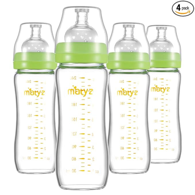 Matyz Glass Breastmilk Baby Feeding Bottle with Nipple, 4 Pack, 8 oz Slim and Light Bottle Easy to Hold, Food Grade Borosilicate Glass, Wide Neck Easy to Clean, No BPA (Green Lids)