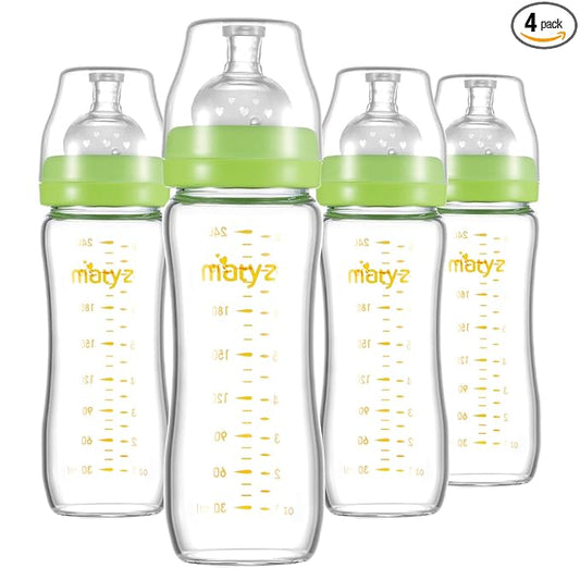 Matyz Glass Breastmilk Baby Feeding Bottle with Nipple, 4 Pack, 8 oz Slim and Light Bottle Easy to Hold, Food Grade Borosilicate Glass, Wide Neck Easy to Clean, No BPA (Green Lids)