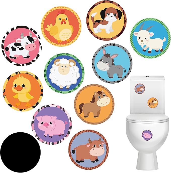 Funrous 20 Pcs Farm Animal Potty Training Stickers Dinosaur Truck Toddler Pee Training Toilet Color Changing Sticker Targets for Boys Girls Kids Toilet Reusable Pee Aim Target(Farm Animal)