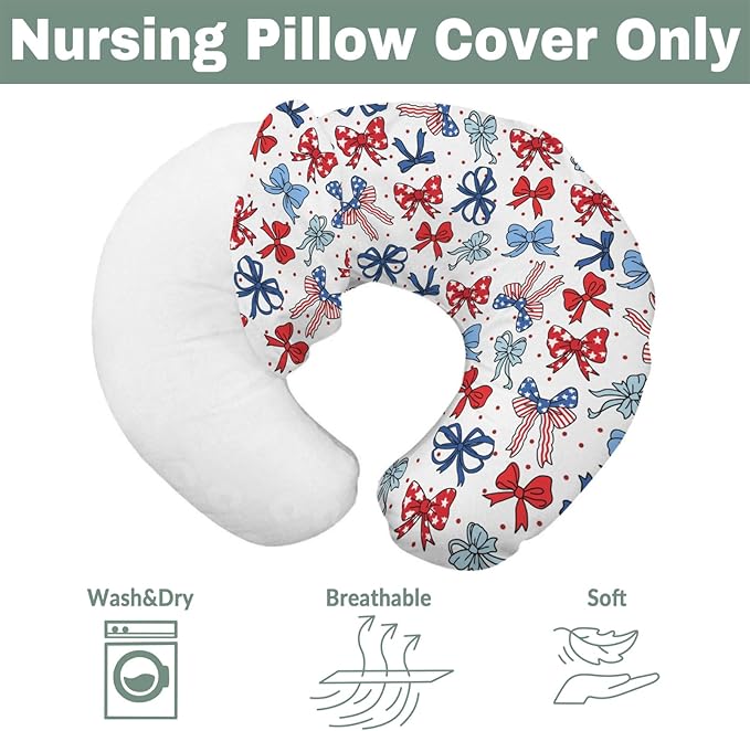American Flag Bows Stars Baby Nursing Pillow Covers for Boy Girl Patriotic Ribbons Nursing Slipcovers for Breastfeeding Pillows Cute 4th of July Bows Soft Stretchy Removable Cover for Newborn Infant