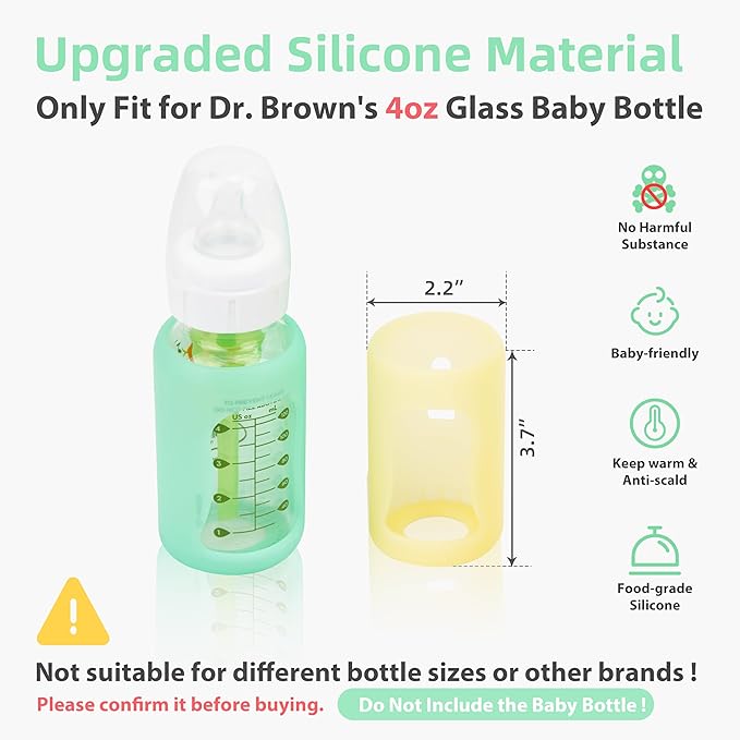 4PCS Silicone Baby Bottle Sleeves for Dr. Brown Glass Baby Bottles 4oz, Anti Breakage Baby Bottle Sleeves, Narrow Sleeve with a Cutout, Clear Vision, Dishwasher Safe, 4oz