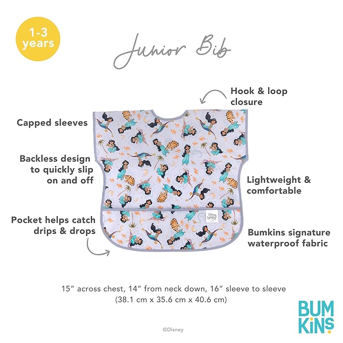 Bumkins Disney Short Sleeve Bib for Girl or Boy, Toddler and Kids for 1-3 Years, Large Size, Essential Must Have for Junior Children, Eating, Mess Saving Soft Fabric Apron, Ariel and Jasmine 2-pack