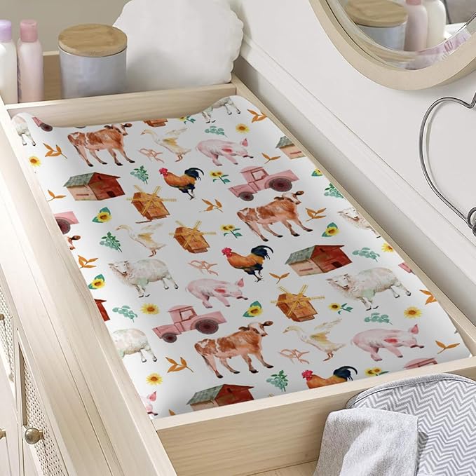 Watercolor Farm Animals Changing Pad Cover Barn Cow Lamb Pig Hen Duck Tractor Baby Diaper Changing Table Sheets for Boys Girls Soft Stretch Fitted Baby Changing Table Mats Covers 32''x16''