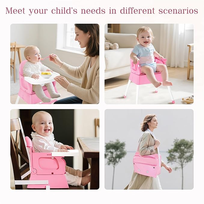 5 in 1 Foldable Baby High Chair,Convertible Highchair for Babies and Toddlers-Portable Infant Booster Seat,Carry Small Box,Dining Chair,Toddler High Chair with 5-Point Harness,Removable Tray-Pink