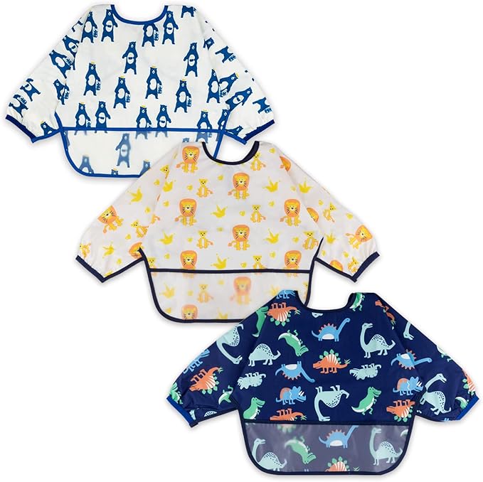 3 Pcs Long Sleeved Bib Set|Baby Waterproof Bibs with Pocket Bundle|Toddler Bib with Sleeves|Stain Resistance Smock 6-24 Month