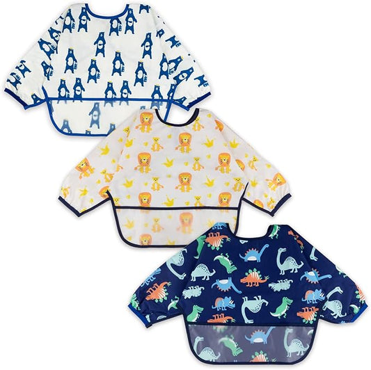 3 Pcs Long Sleeved Bib Set|Baby Waterproof Bibs with Pocket Bundle|Toddler Bib with Sleeves|Stain Resistance Smock 6-24 Month