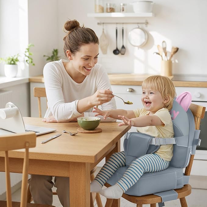 Booster Seat for Dining Table, Toddler Booster Seat for Dining Table, Kids Boys Girls Portable PU Waterproof Travel Baby Boosters Increasing Cushion with Backrest and Adjustable Strap (Gray, OneSize)