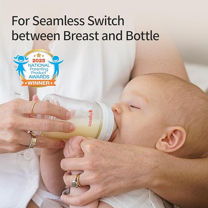 Pigeon Glass Nursing Bottle Wide Neck, Anti-Colic, Streamlined Body, Natural Feel, Easy to Clean, Heat-Resistant, 5.4 Oz (Pack of 2), Includes 2pcs SS Nipples (0m+)